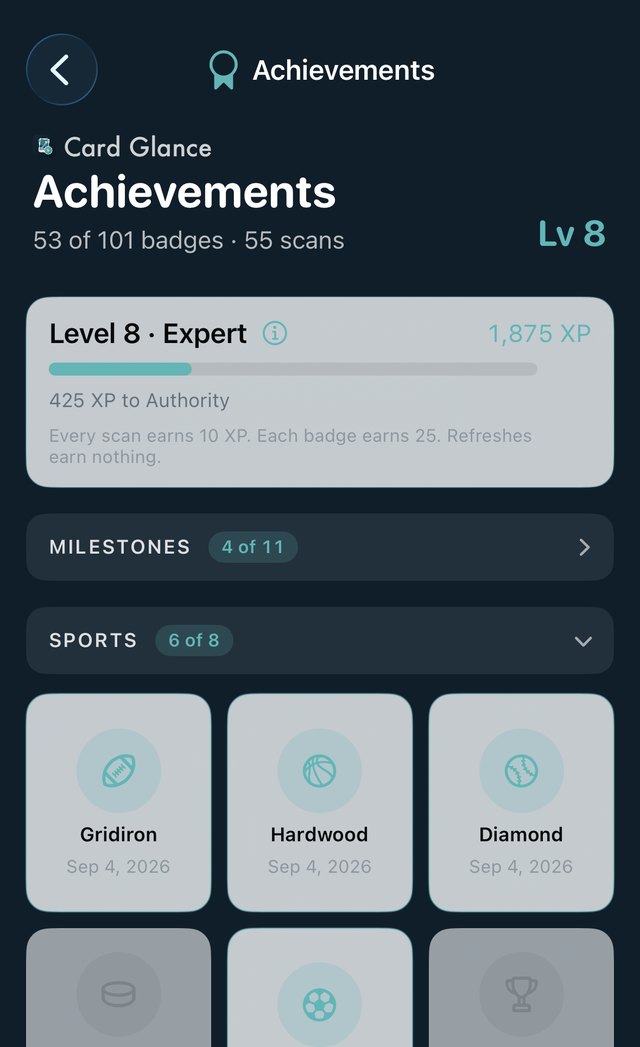 The Achievements screen in Card Glance: level 8, 53 of 101 badges earned, with badges for football, basketball and baseball cards