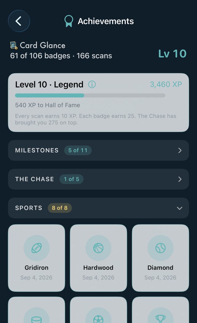 The Achievements screen in Card Glance: level 10, with badges earned for football, basketball and baseball cards