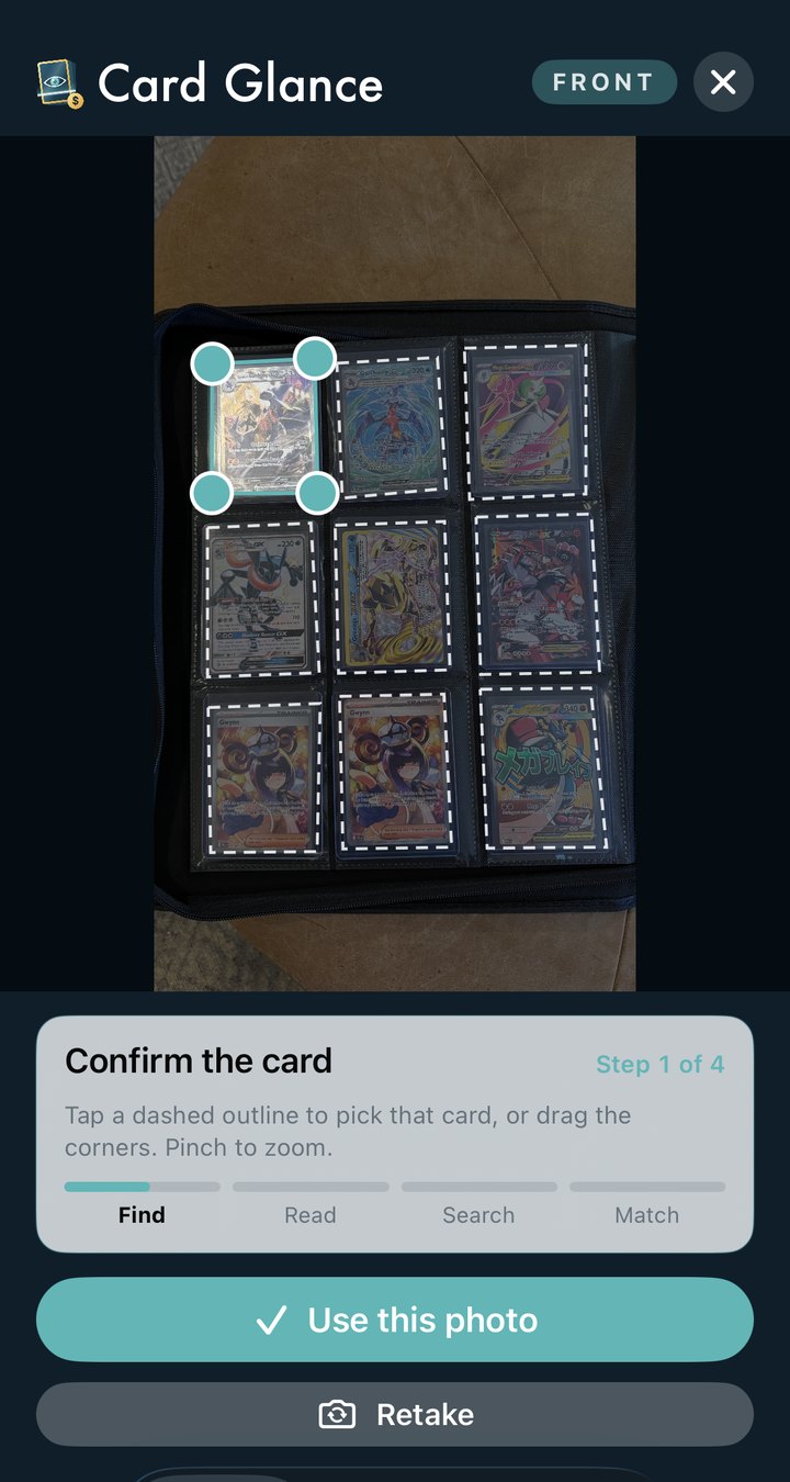 Card Glance's confirm screen showing a nine-pocket binder page, with a dashed outline around all nine cards and the top-left card selected with draggable corners