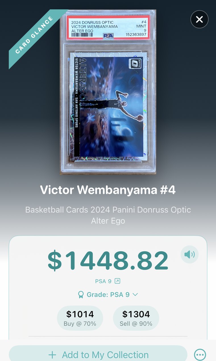 A PSA 9 Victor Wembanyama Alter Ego in Card Glance at $1,448.82, with the grade read off the slab label and buy and sell figures beneath