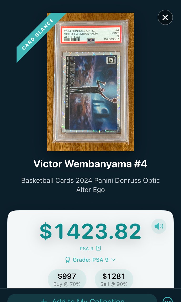 A PSA 9 Victor Wembanyama Alter Ego in Card Glance at $1,423.82, with the grade read off the slab label and buy and sell figures beneath