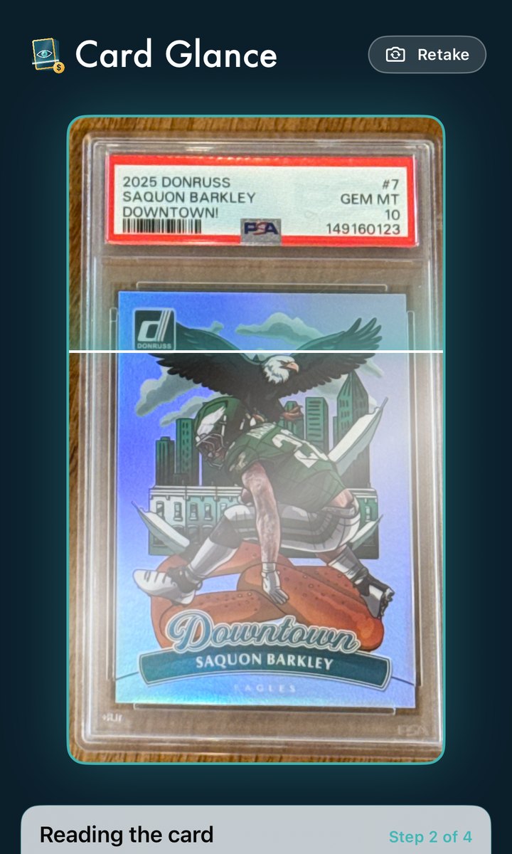 Card Glance mid-scan on the Barkley card: step 2 of 4, reading the card for name, set, number, rarity, parallel and grade