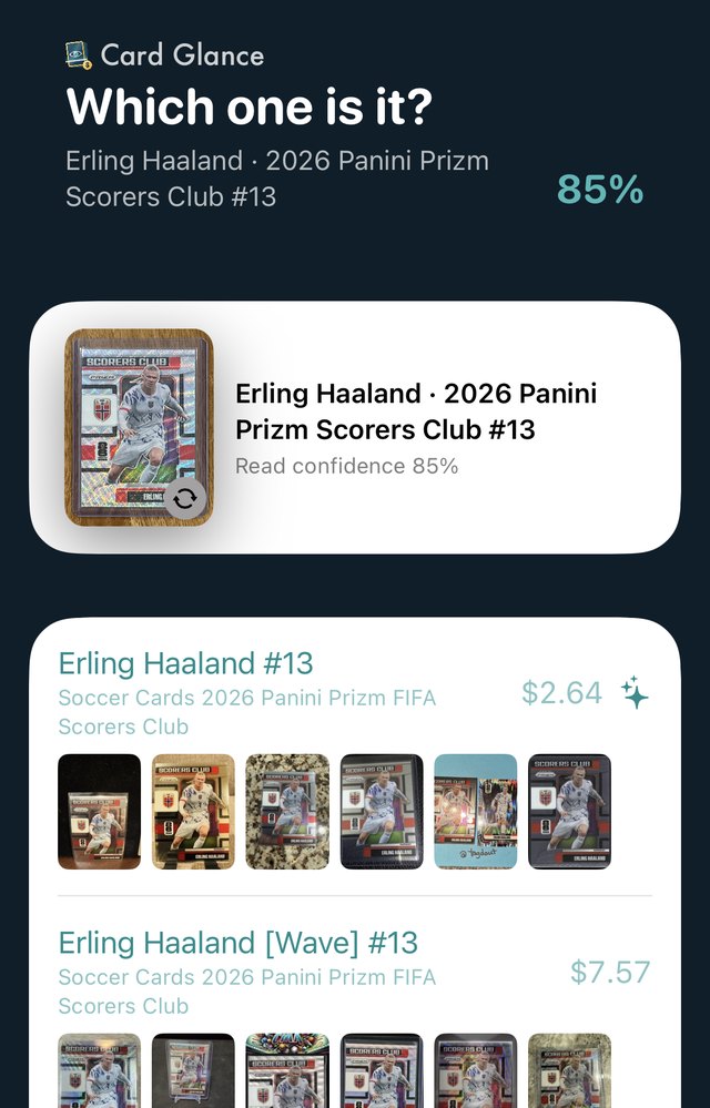 Card Glance asking which variation an Erling Haaland Prizm Scorers Club card is, listing the base, Wave and Gold parallels with eBay photos and prices for each