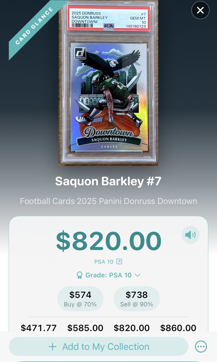 The result for the Barkley card: $820.00 as a PSA 10, with $574 to buy at 70% and $738 to sell at 90%, and raw and graded prices beneath