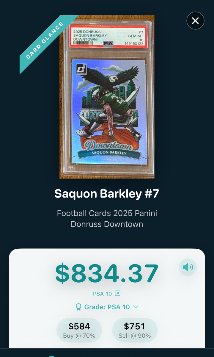The result for the Barkley card: $834.37 as a PSA 10, with $584 to buy at 70% and $751 to sell at 90%